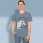 Faithful Rider Tee Stunning, Beautiful, White Horse Revelation Stone Blue Colored Haloed Tee Happy male customer wearing the tee shirt
