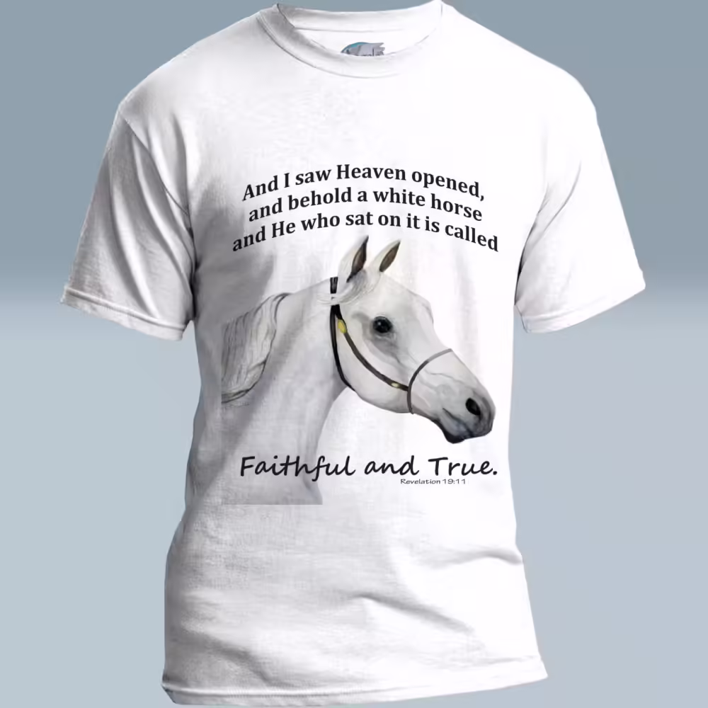 Faithful Rider Tee Stunning, Beautiful, White Horse Revelation White Colored Haloed Tee