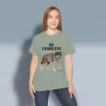 Fearless Faith Tee New Fantastic Wolf Watercolor Art Sage Colored Haloed Tee Happy Female customer wearing the Tee Shirt