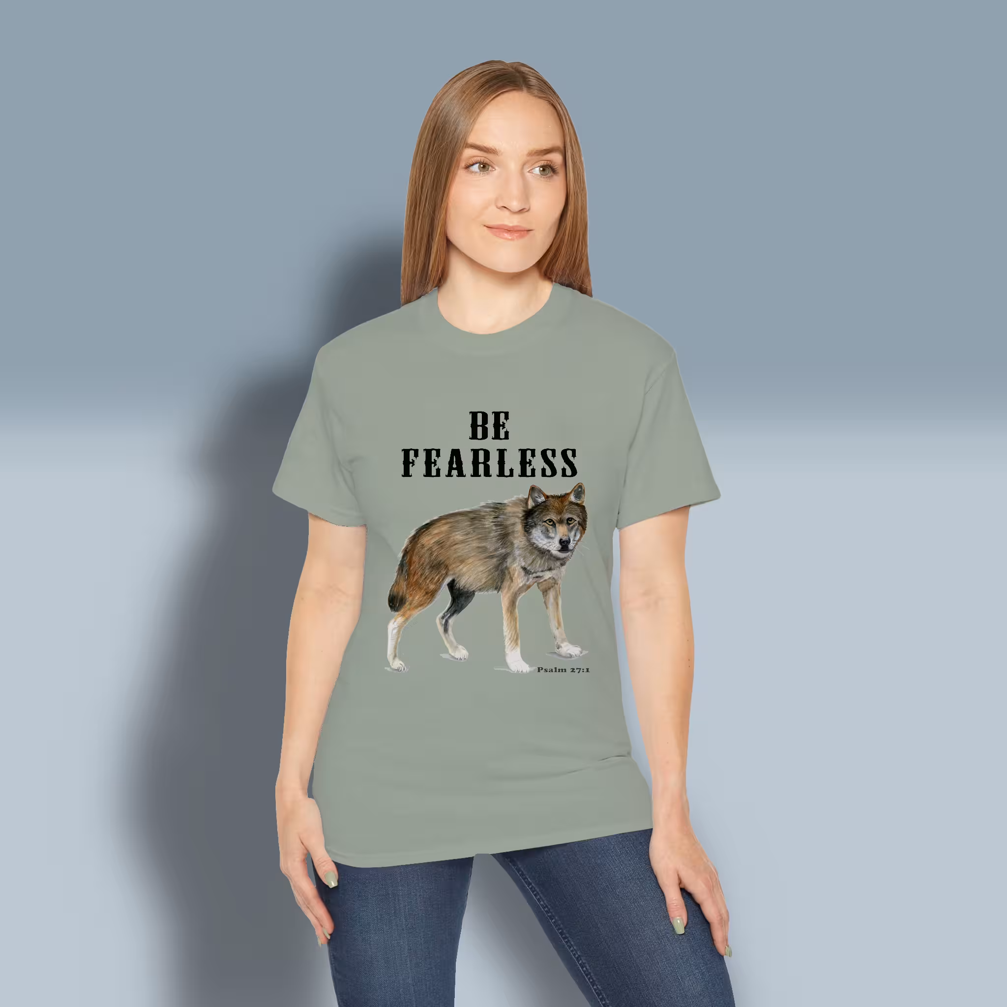 Fearless Faith Tee New Fantastic Wolf Watercolor Art Sage Colored Haloed Tee Happy Female customer wearing the Tee Shirt