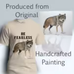 Fearless Faith Tee New Fantastic Wolf Watercolor Art Sand Colored Haloed Tee Shown with the original watercolor painting
