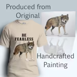 Fearless Faith Tee New Fantastic Wolf Watercolor Art Sand Colored Haloed Tee Shown with the original watercolor painting