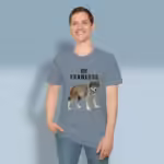 Fearless Faith Tee New Fantastic Wolf Watercolor Art Stone Blue Colored Haloed Tee Happy Male Customer wearing the Tee Shirt