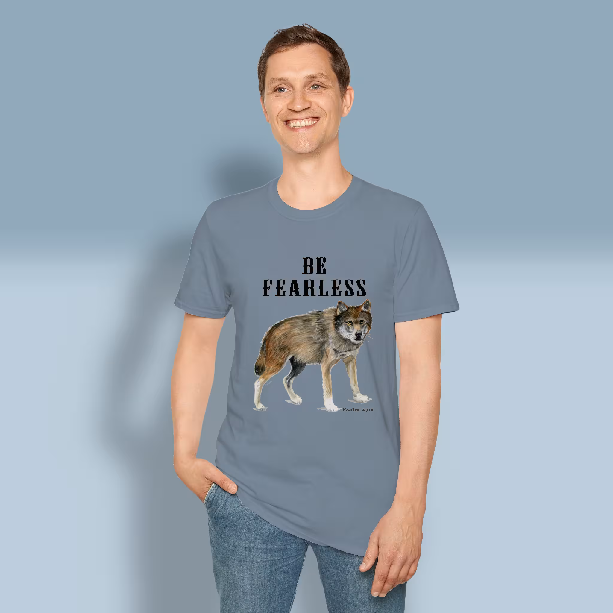 Fearless Faith Tee New Fantastic Wolf Watercolor Art Stone Blue Colored Haloed Tee Happy Male Customer wearing the Tee Shirt