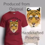 Fearless Tiger Tee The Powerful and Beautiful Protector Antique Cherry Red Colored Haloed T-Shirt Shown with the original watercolor painting