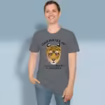 Fearless Tiger Tee The Powerful and Beautiful Protector Graphite Heather Haloed T-Shirt happy male customer wearing the tee shirt