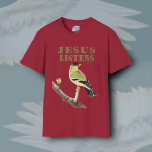 Finch of Faith Tee New Jesus Said Inspirational Shirt Antique Cherry Red Colored Haloed Tee by Angels Fly Here