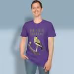 Finch of Faith Tee New Jesus Said Inspirational Shirt Heather Purple Colored Haloed Tee happy male customer wearing the tee shirt