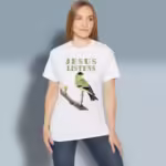 Finch of Faith Tee New Jesus Said Inspirational Shirt White Colored Haloed Tee happy female customer wearing the tee shirt