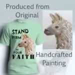 Firm Faith Lama Tee Beautiful and Inspiring Apparel in Mint Green Colored Haloed Tee show with the original watercolor painting