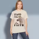 Firm Faith Lama Tee Beautiful and Inspiring Apparel in Natural Colored Haloed Tee happy female customer wearing the tee shirt