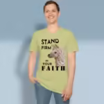 Firm Faith Lama Tee Beautiful and Inspiring Apparel in Pistachio Colored Haloed Tee happy male customer wearing the tee shirt