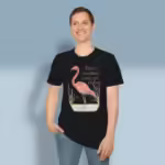 Flamingo Reflections Tee Embrace the Beautiful Wonders of the Lord Black Colored Haloed Tee Happy Male Customer Wearing the Tee Shirt