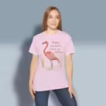 Flamingo Reflections Tee Embrace the Beautiful Wonders of the Lord Light Pink Colored Haloed Tee Happy Female Customer Wearing The tee Shirt