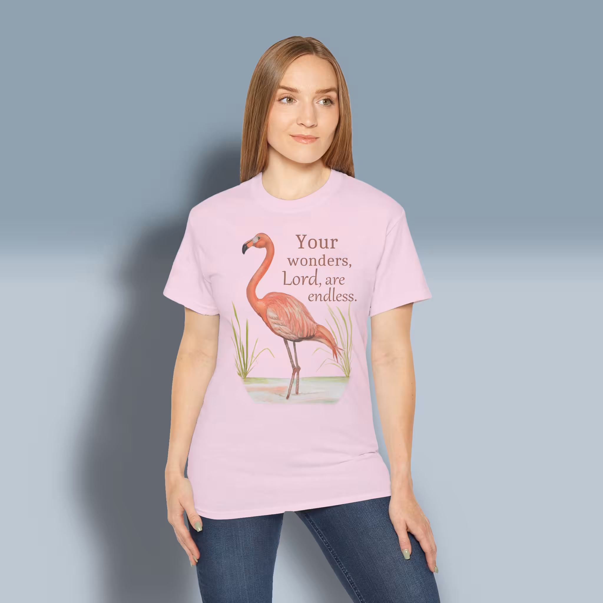 Flamingo Reflections Tee Embrace the Beautiful Wonders of the Lord Light Pink Colored Haloed Tee Happy Female Customer Wearing The tee Shirt