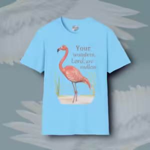 Flamingo Reflections Tee Embrace the Beautiful Wonders of the Lord Sky Colored Haloed Tee Framed By Angels Fly Here
