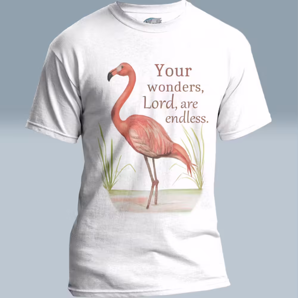 Flamingo Reflections Tee Embrace the Beautiful Wonders of the Lord White Colored Haloed Tee