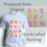Floral Line and Wash Tee Beautiful Symphony of Pastels Light Blue Colored Haloed T-Shirt shown with the original watercolor painting