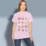 Floral Line and Wash Tee Beautiful Symphony of Pastels Light Pink Colored Haloed T-Shirt happy female customer wearing the tee shirt