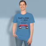 Forever God's Child Tee Stunning New Red Wagon Gift Heather Sapphire Colored haloed Tee happy male customer wearing the tee shirt