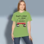 Forever God's Child Tee Stunning New Red Wagon Gift Lime Colored haloed Tee happy female customer wearing the tee shirt