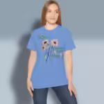 Forgiveness Blooms Tee that will make You Love God's Grace Carolina Blue Colored Haloed T-Shirt happy female customer wearing the tee shirt