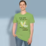 Freedom's Flutter Tee Little Hummingbird of Amazing Truth Lime Colored Haloed Tee happy male customer wearing the tee shirt