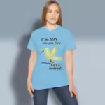 Freedom's Flutter Tee Little Hummingbird of Amazing Truth Sky Colored Haloed Tee happy female customer wearing the tee shirt