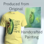 Frog Song Tee Colorful Jubilant Singing from the Heart Corn Silk Colored Haloed Tee shown with the original watercolor painting