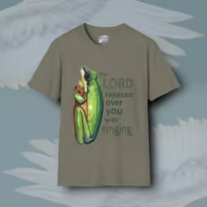 Frog Song Tee Colorful Jubilant Singing from the Heart Heather Military Green Colored Haloed Tee Framed By Angels Fly Here