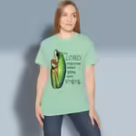 Frog Song Tee Colorful Jubilant Singing from the Heart Mint Green Colored Haloed Tee happy female customer wearing the tee shirt