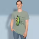 Frog Song Tee Colorful Jubilant Singing from the Heart Sage Colored Haloed Tee happy male customer wearing the tee shirt