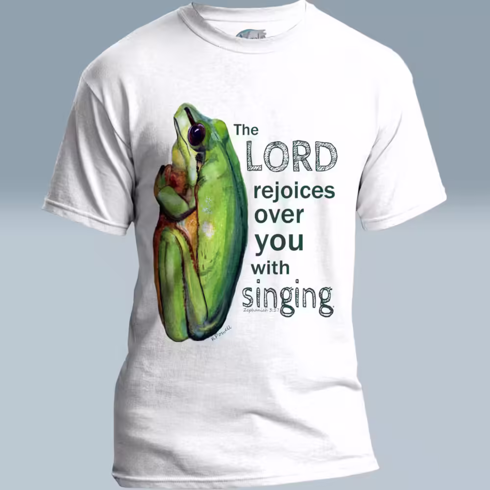 Frog Song Tee Colorful Jubilant Singing from the Heart White Colored Haloed Tee
