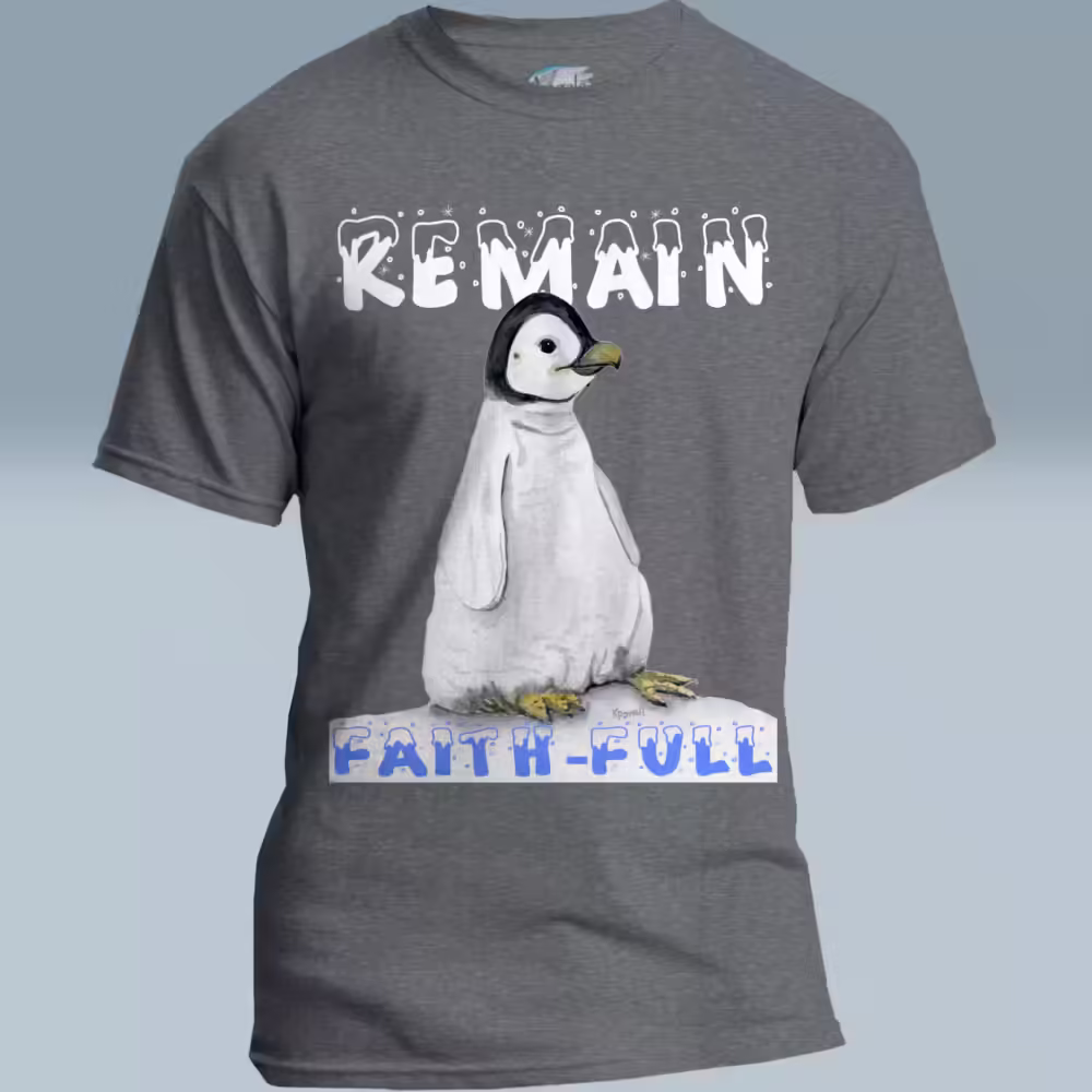 Frosty Penguin Tee Faith First, Advice for a Steadfast Graphite Heather Colored Haloed Tee