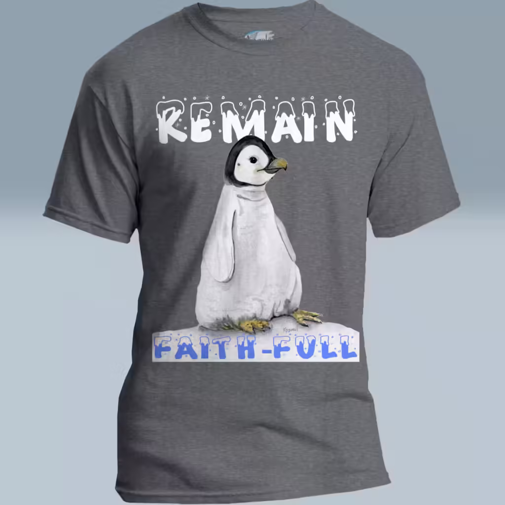 Frosty Penguin Tee Faith First, Advice for a Steadfast Graphite Heather Colored Haloed Tee