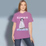Frosty Penguin Tee Faith First, Advice for a Steadfast Radiant Orchid Heather Colored Haloed Tee Happy female customer wearing the Tee Shirt