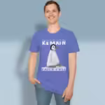 Frosty Penguin Tee Faith First, Advice for a Steadfast Royal Heather Colored Haloed Tee happy male customer wearing the Tee Shirt