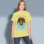 Grateful paws Tee - Dear Jesus, Beautiful Recognition Corn Silk Colored Haloed T-Shirt happy female customer wearing the tee shirt