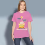 Happy Birthday Tee - Celebrate Your New Life in Christ Azalea Colored Haloed Tee happy female customer wearing the tee shirt