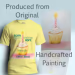 Happy Birthday Tee - Celebrate Your New Life in Christ Corn Silk Colored Haloed Tee shown with the original water color painting