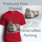 Happy Seal Tee New Blessed and Joyful Hand-painted Art Cherry Red Colored Haloed Tee shown with the original watercolor painting