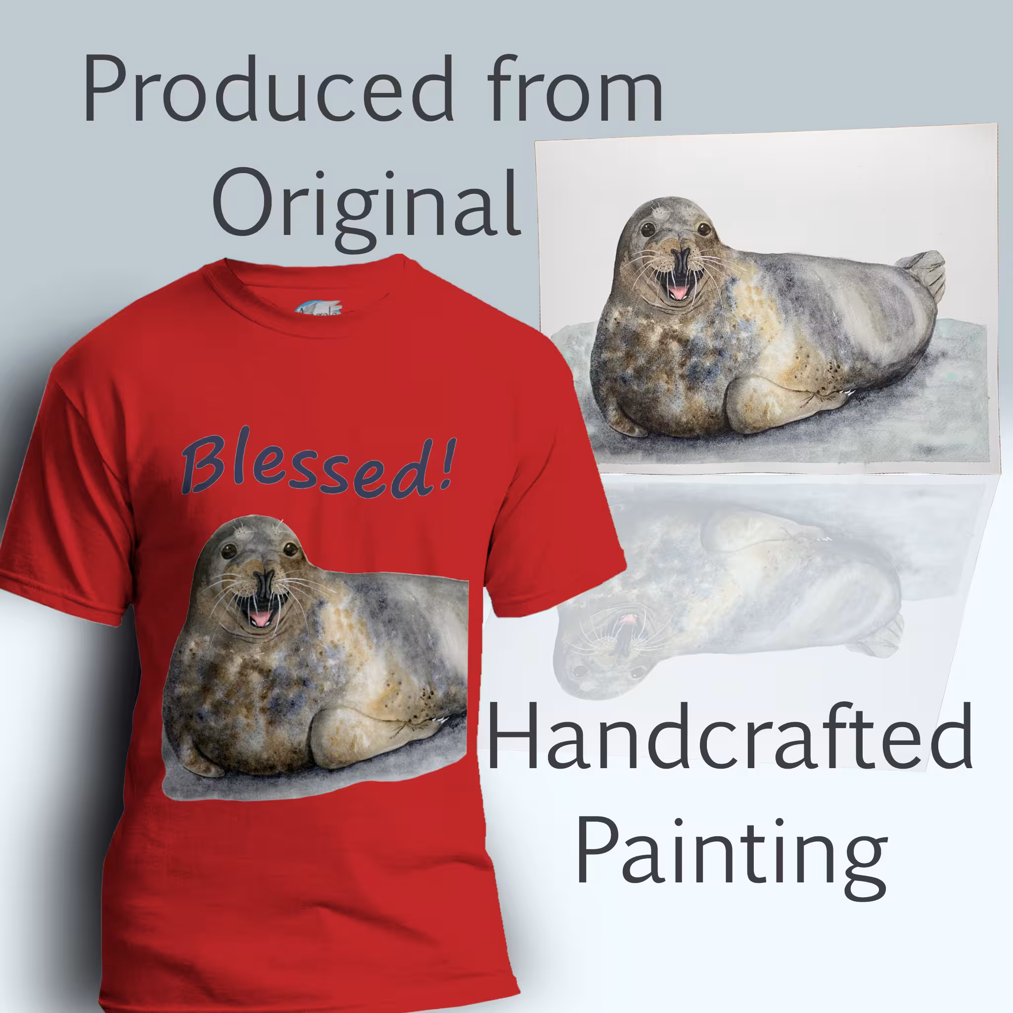 Happy Seal Tee New Blessed and Joyful Hand-painted Art Cherry Red Colored Haloed Tee shown with the original watercolor painting