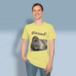 Happy Seal Tee New Blessed and Joyful Hand-painted Art Corn Silk Colored Haloed Tee happy male customer wearing the Tee Shirt
