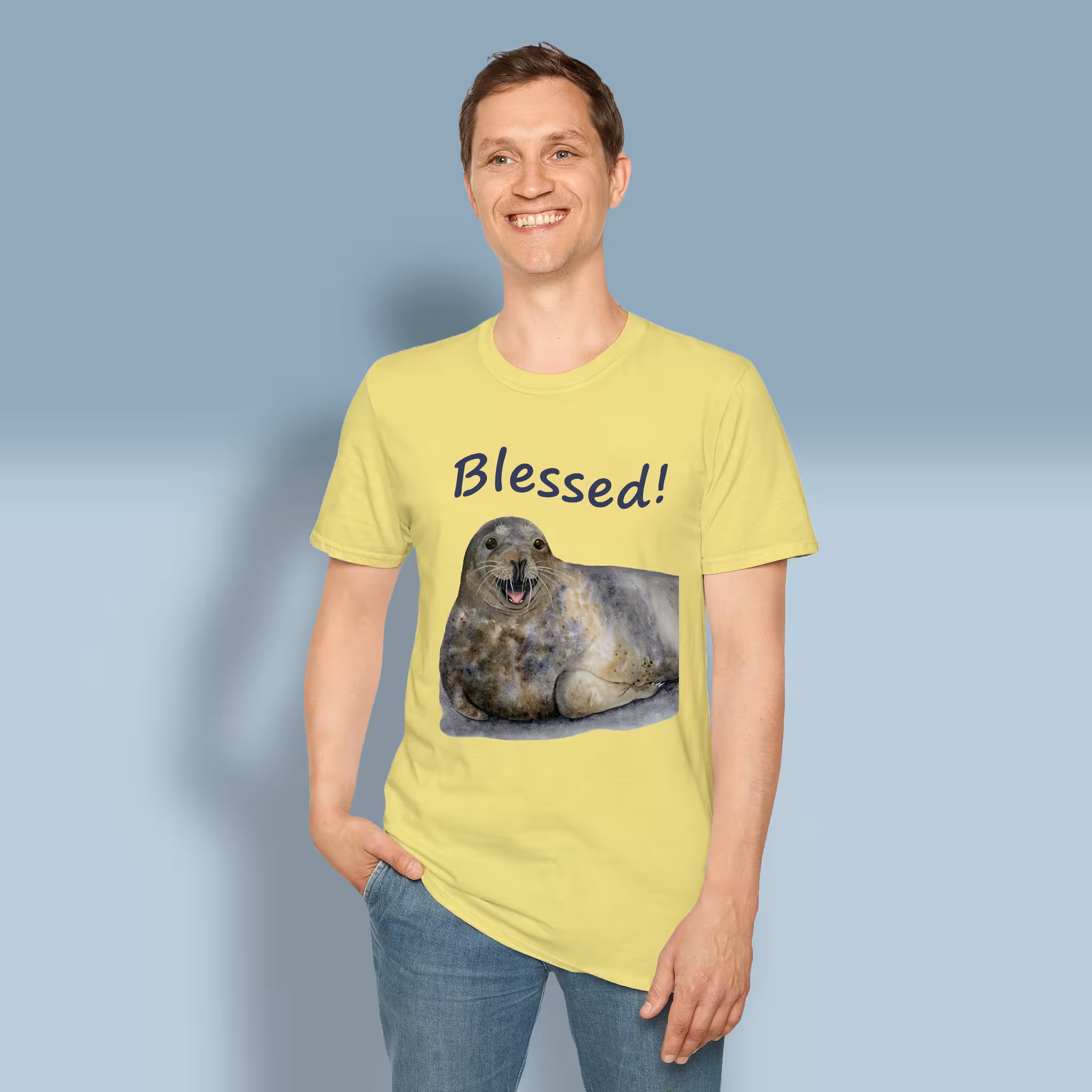 Happy Seal Tee New Blessed and Joyful Hand-painted Art Corn Silk Colored Haloed Tee happy male customer wearing the Tee Shirt