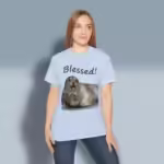 Happy Seal Tee New Blessed and Joyful Hand-painted Art Light Blue Colored Haloed Tee happy female customer wearing the Tee Shirt