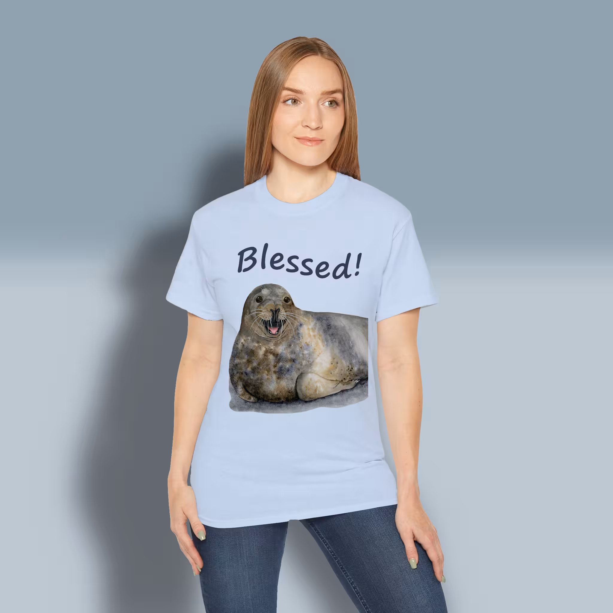 Happy Seal Tee New Blessed and Joyful Hand-painted Art Light Blue Colored Haloed Tee happy female customer wearing the Tee Shirt