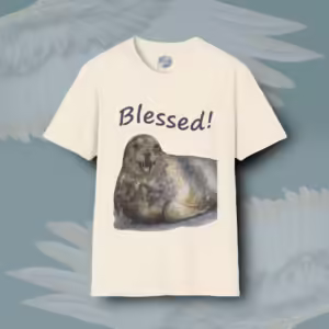 Happy Seal Tee New Blessed and Joyful Hand-painted Art Natural Colored Haloed Tee Framed By Angels Fly Here