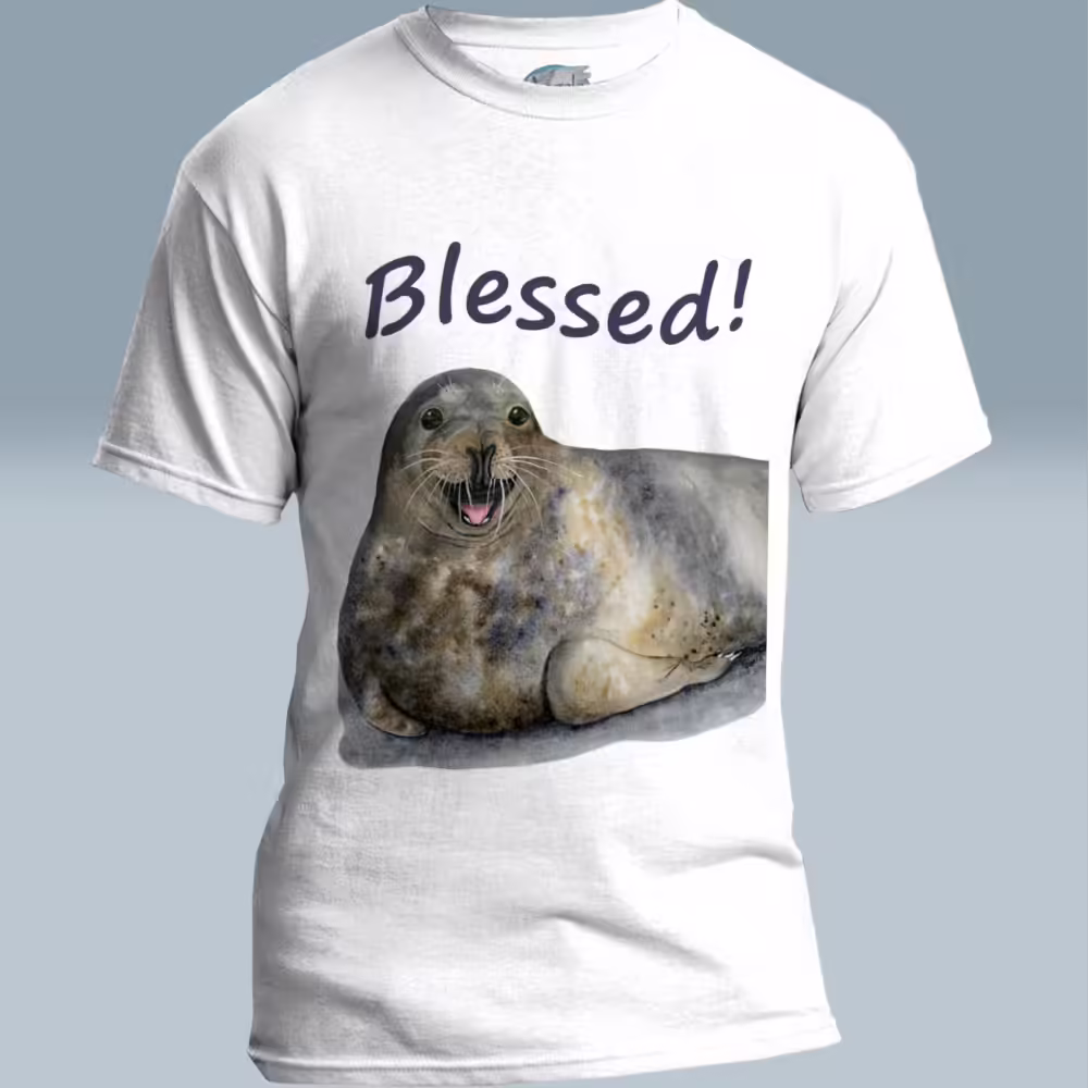 Happy Seal Tee New Blessed and Joyful Hand-painted Art White Colored Haloed Tee