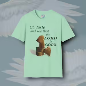 Heart Chocolates Tee Taste the Full Goodness of the Lord Mint Green Colored Haloed Tee Framed by Angels Fly Here
