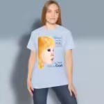 Heart of Gold Tee Pure Faith, Beautiful Vision Light Blue Colored Haloed Tee happy female customer wearing the tee shirt
